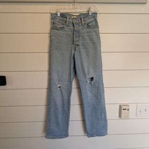 Levi's Ribcage Straight Ankle 28 x 27 Medium Wash Distressed Rigid Button Fly